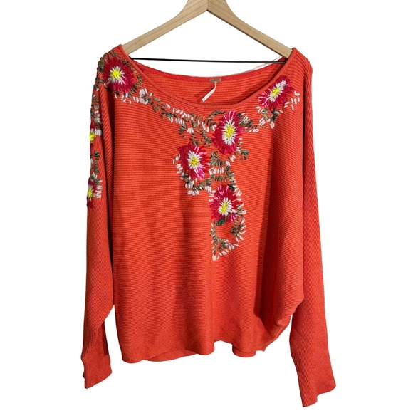 Free People Sweaters - Free People Floral Bouquet Embroidered Dolman Sweater Top Orange Medium‎ Bobo